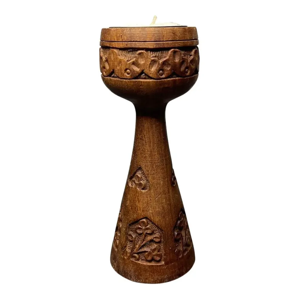 Hand-Carved Wooden Tea Light Candle Holder Floral Design Signed Made in India - Picture 4 of 9